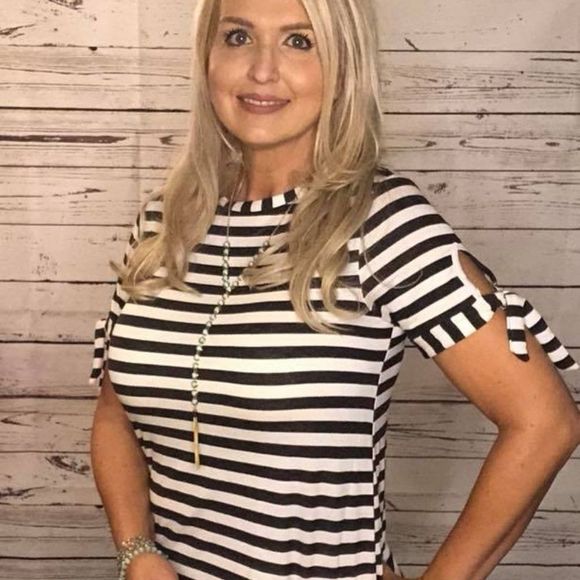 Agnes & Dora Tie Sleeve Top Ivory Black Stripe - Picture 3 of 4